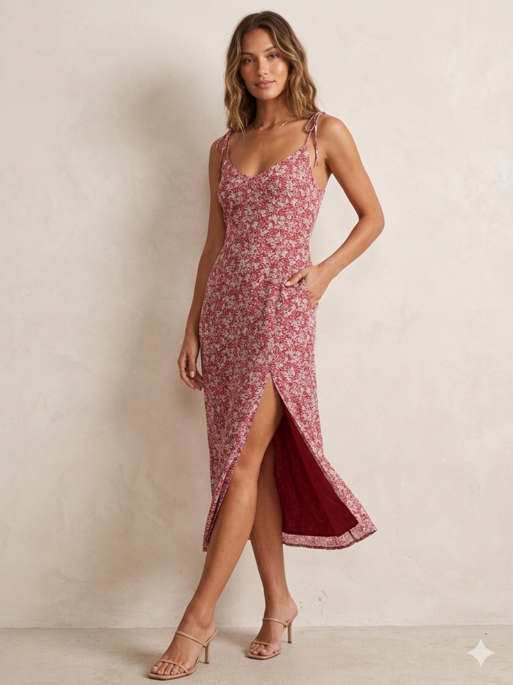 Abercrombie & Fitch Floral Tie-Strap Shoulder Midi Dress in Dusty Rose- Medium
